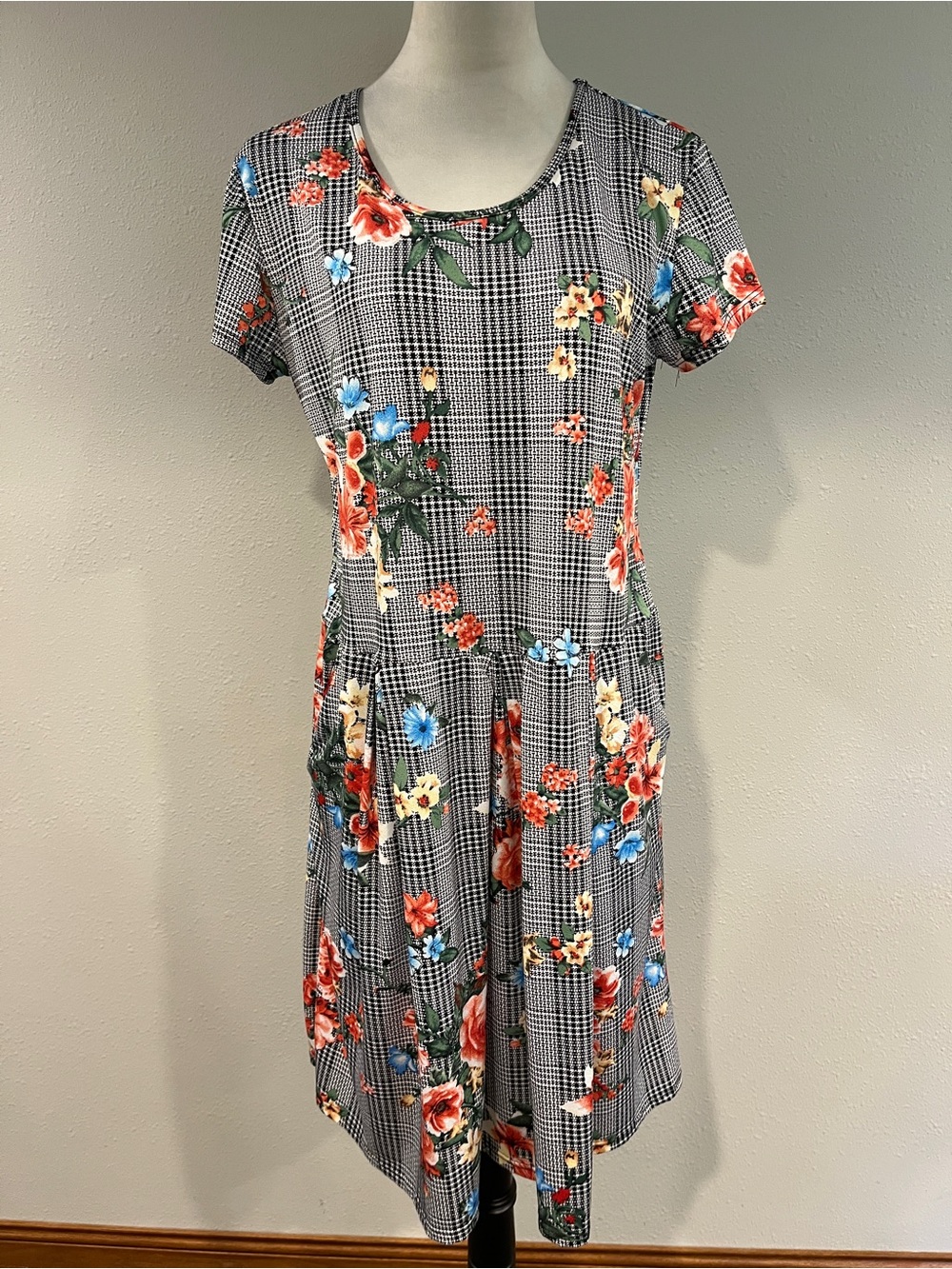 PaoLino Floral Plaid Short‎ Sleeve stretchy Dress